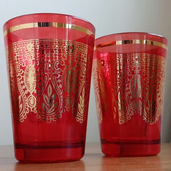 Vintage Moroccan / Turkish Tea Glasses Red & Gold Embellished Design Set of 2 - Picture 12 of 13